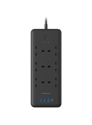3250W  Power Strip with 6 AC Outlets 3 USB‑A + 1 USB‑C PD Ports, Surge Protector, 3m Heavy-Duty Extension Cord, Overload Protection, Wall-Mountable Multi-Plug for Home, Office and Electronics (Black)