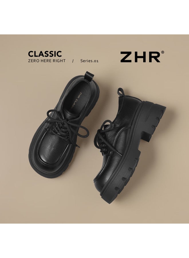 Zhr Zese Loafers Women Height Increasing Thick Sole British Style Small Leather Shoes Women Lace-up Commuting Versatile Flats Kn165 Black 40 - Image 4