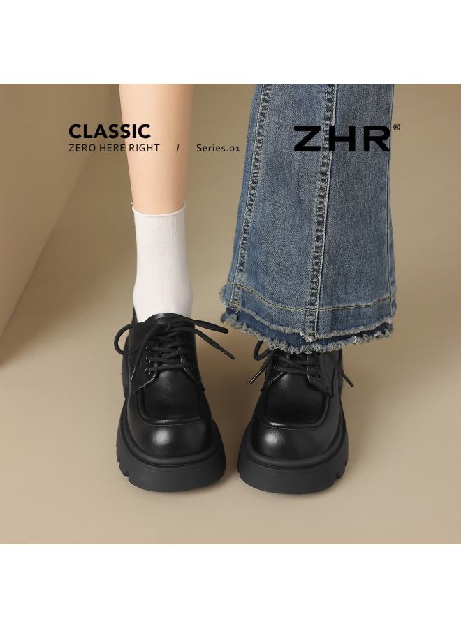 Zhr Zese Loafers Women Height Increasing Thick Sole British Style Small Leather Shoes Women Lace-up Commuting Versatile Flats Kn165 Black 40 - Image 3