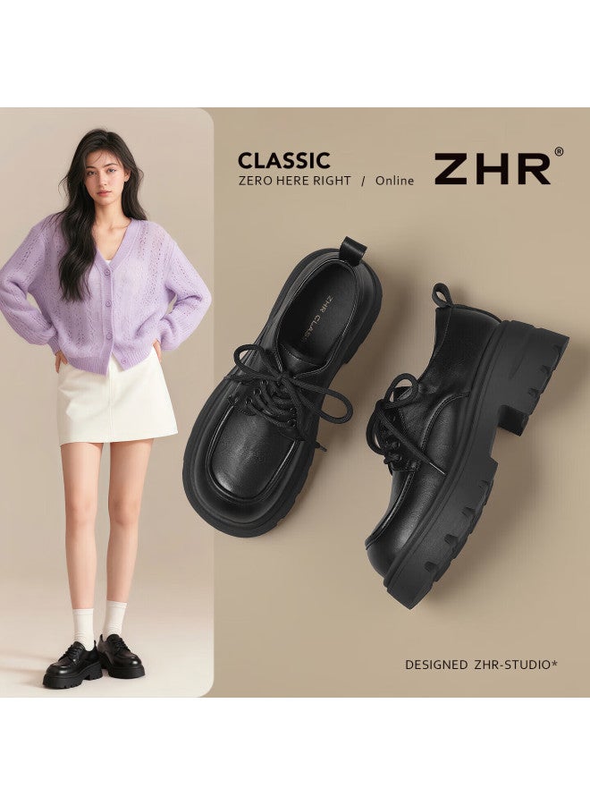 Zhr Zese Loafers Women Height Increasing Thick Sole British Style Small Leather Shoes Women Lace-up Commuting Versatile Flats Kn165 Black 40 - Image 1