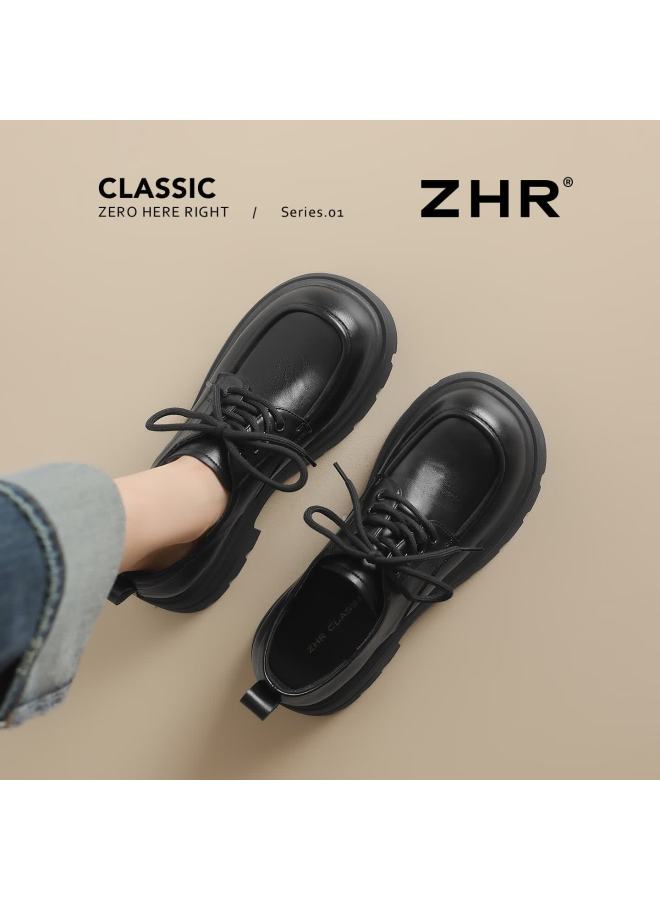 Zhr Zese Loafers Women Height Increasing Thick Sole British Style Small Leather Shoes Women Lace-up Commuting Versatile Flats Kn165 Black 40 - Image 2