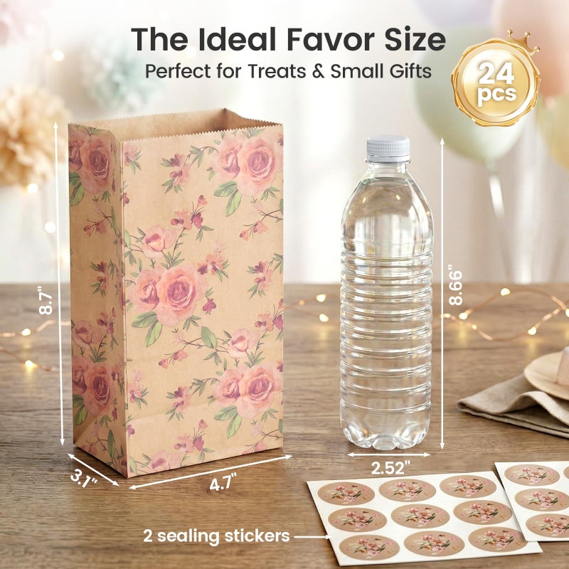 VGOODALL 24 Pack Floral Party Favor Bags with Stickers - 8.7"x4.7"x3.1" Vintage Rose Goodie Bags, for Wedding, Bridal Shower, Baby Shower & Gift Packaging (3 Designs) - Image 2