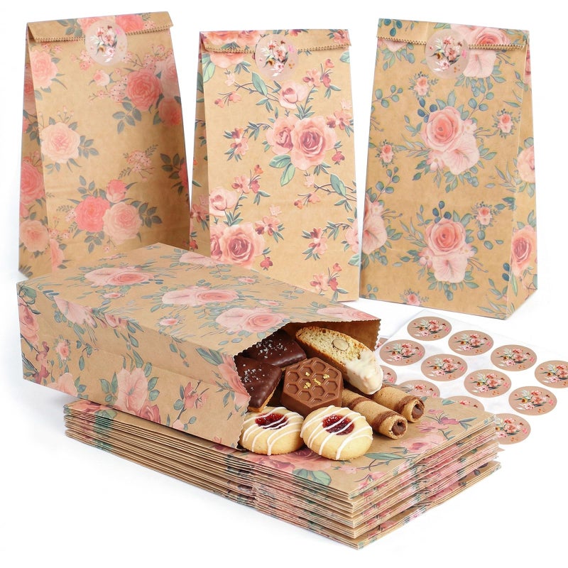 VGOODALL 24 Pack Floral Party Favor Bags with Stickers - 8.7"x4.7"x3.1" Vintage Rose Goodie Bags, for Wedding, Bridal Shower, Baby Shower & Gift Packaging (3 Designs) - Image 1