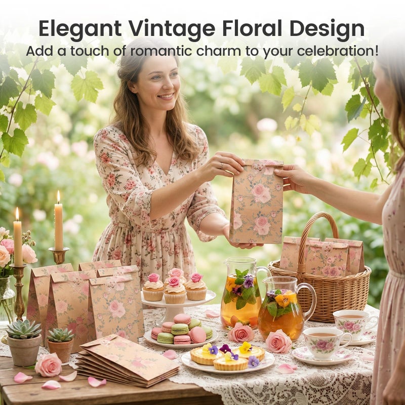 VGOODALL 24 Pack Floral Party Favor Bags with Stickers - 8.7"x4.7"x3.1" Vintage Rose Goodie Bags, for Wedding, Bridal Shower, Baby Shower & Gift Packaging (3 Designs) - Image 5