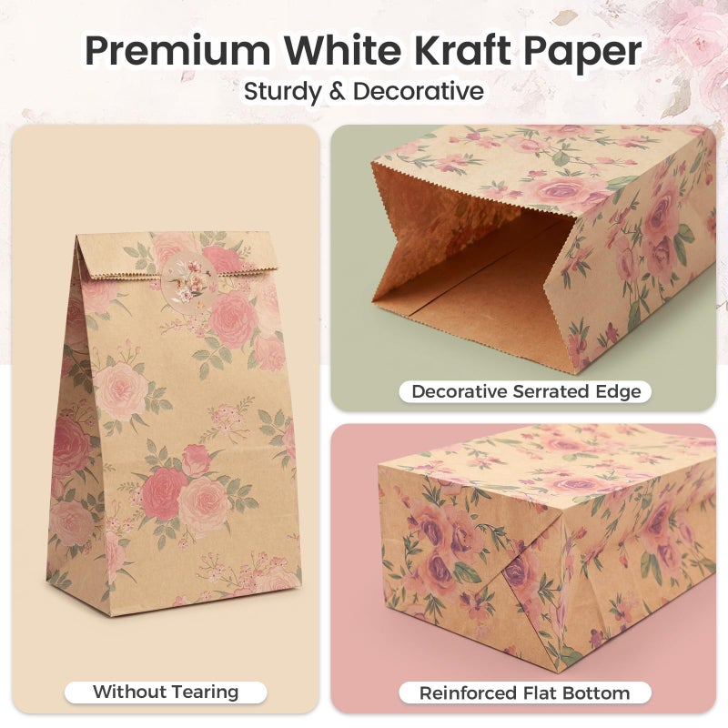 VGOODALL 24 Pack Floral Party Favor Bags with Stickers - 8.7"x4.7"x3.1" Vintage Rose Goodie Bags, for Wedding, Bridal Shower, Baby Shower & Gift Packaging (3 Designs) - Image 3