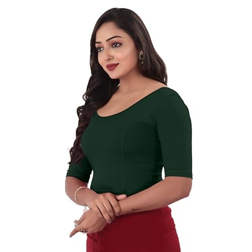 DESI GIRL - Round Neck Cotton Lycra Regular Fit Saree Blouse for Women | Bracelet - 3/4 Sleeve Readymade Stretchy Embroidered Design Festive Blouse Perfect for Saree, Lehenga, Kurti | Dark Green - 44 - Image 2