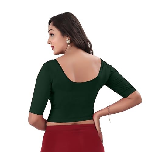 DESI GIRL - Round Neck Cotton Lycra Regular Fit Saree Blouse for Women | Bracelet - 3/4 Sleeve Readymade Stretchy Embroidered Design Festive Blouse Perfect for Saree, Lehenga, Kurti | Dark Green - 44 - Image 3