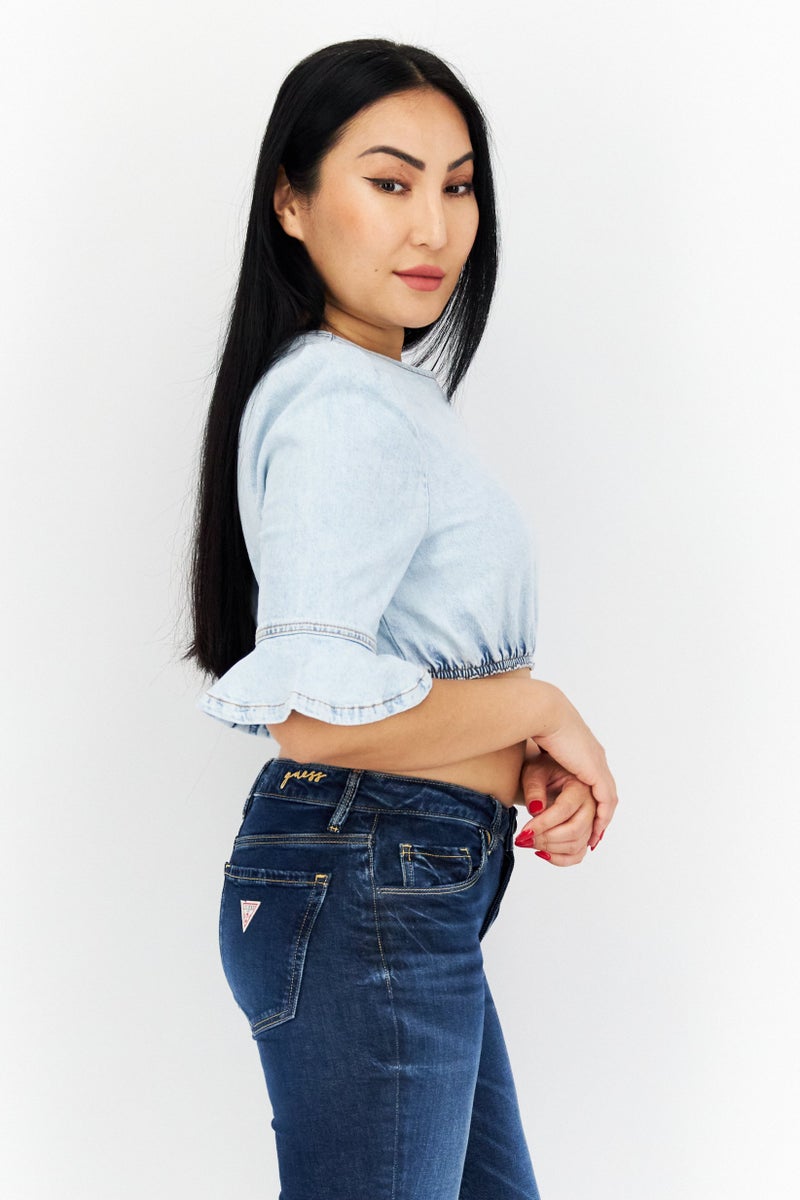 Weworewhat Women Crew Neck 3/4 Sleeve Washed Denim Top, Blue - Image 3