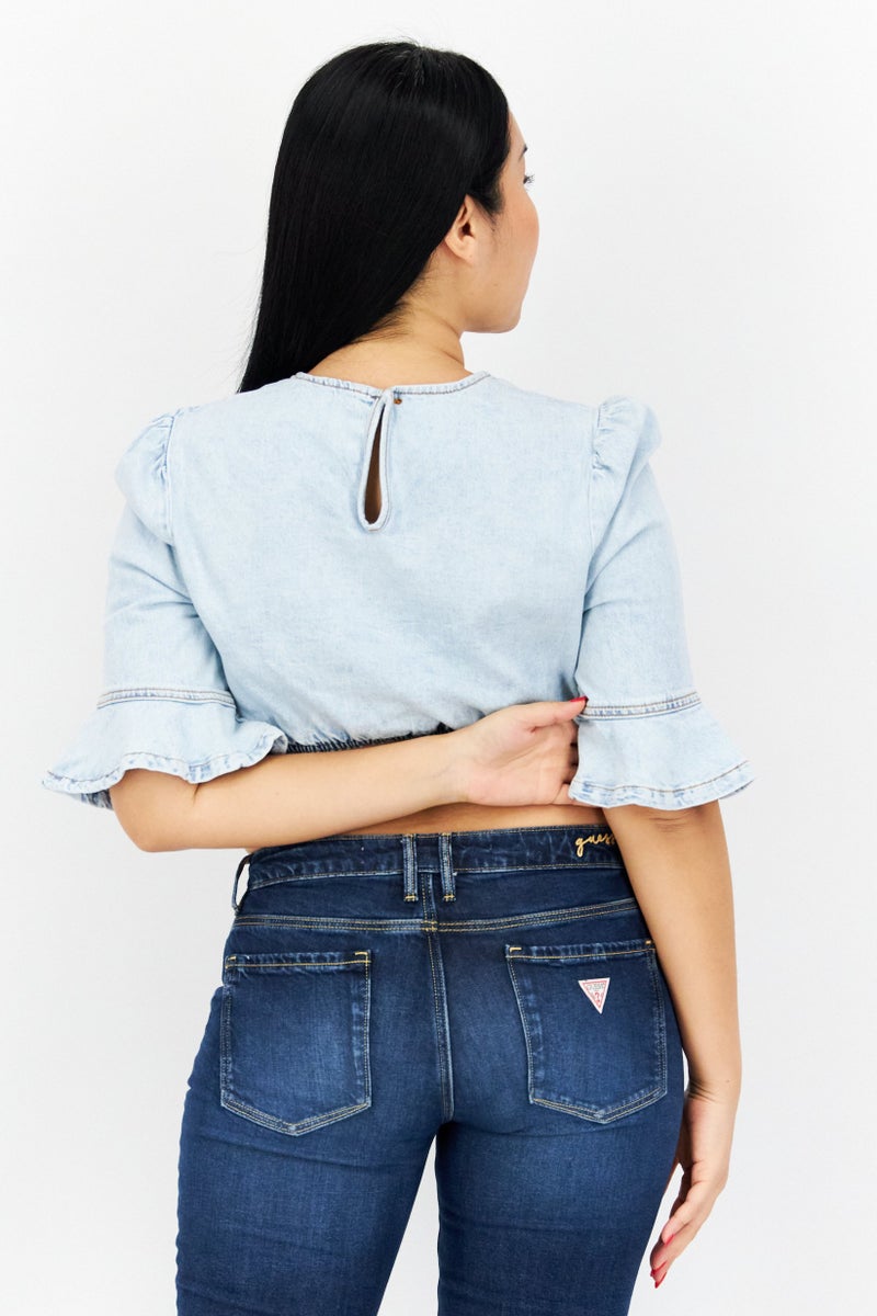 Weworewhat Women Crew Neck 3/4 Sleeve Washed Denim Top, Blue - Image 2