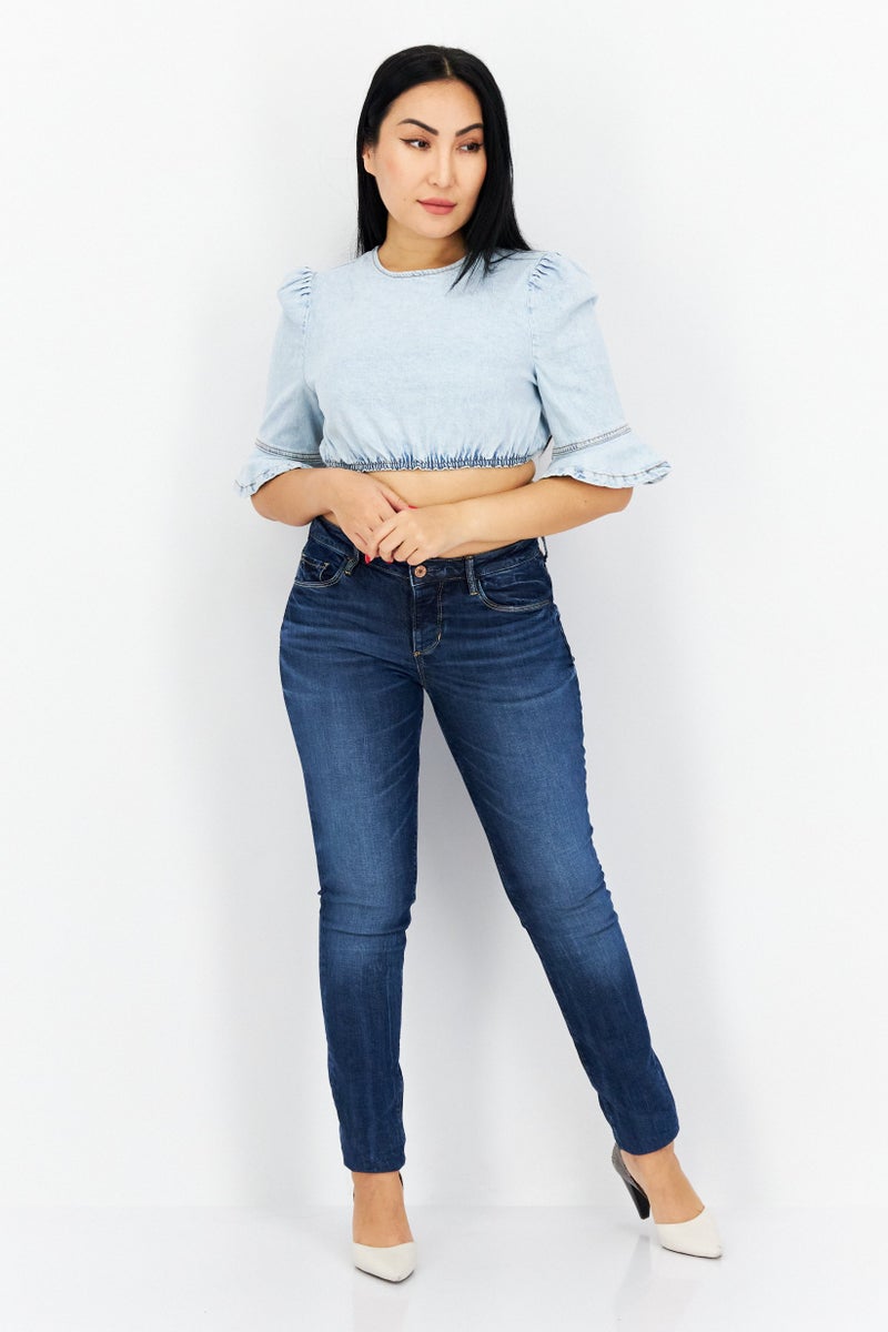 Weworewhat Women Crew Neck 3/4 Sleeve Washed Denim Top, Blue - Image 4