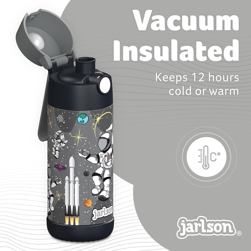 Jarlson قارورة مياه أطفال جارلسون® - مالي - قارورة مياه معزولة من الفولاذ المقاوم للصدأ مع غطاء شرب سريع - ترمس - بنات/أولاد (رائد فضاء 'نجمة'، 12 أونصة) - Image 2