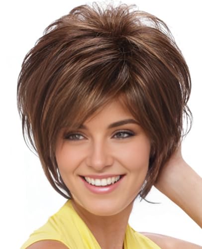 RENERSHOW Short Mixed Brown Highlight Wigs for White Women Shaggy Layered Brunette Pixie Cut Wig with Bangs Synthetic Red Brown with blonde Hair Wig - Image 1