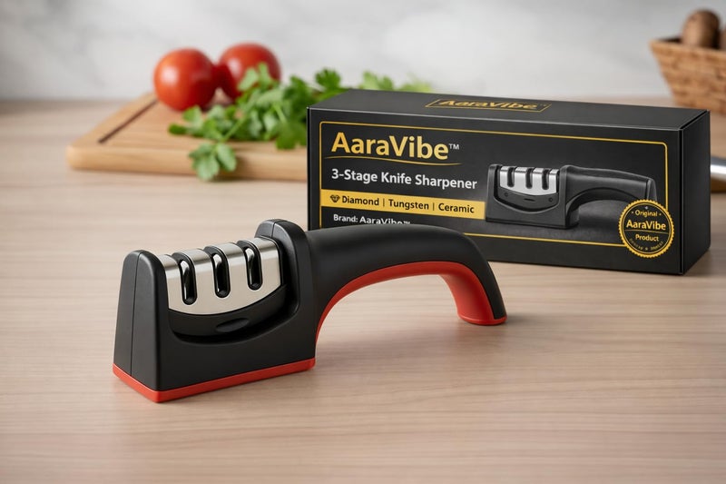 AaraVibe™ – 3-Stage Manual Knife Sharpener Tool & Machine with Diamond, Tungsten & Ceramic Slots for Fast Sharpening | Professional Kitchen Edge Restorer for Stainless Steel Knives - Image 1