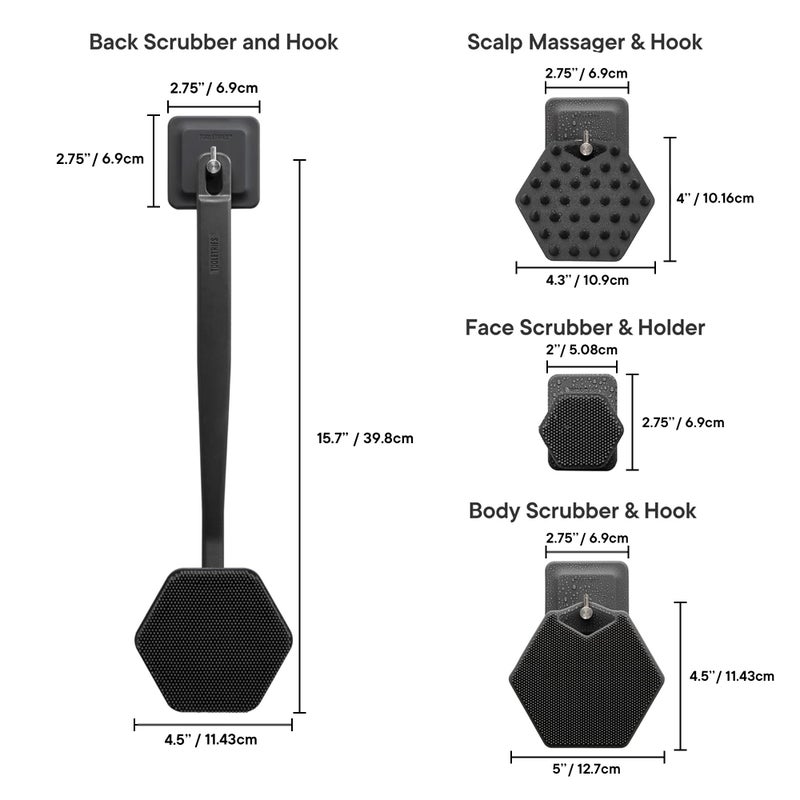 TOOLETRIES The Scrub King - Men's Silicone Body and Face Scrubber Set - Back Scrubber for Shower, Body Scrubbers, Storage Hooks, & Face Brush Holder - Shower Accessories for Men - Charcoal - Image 5