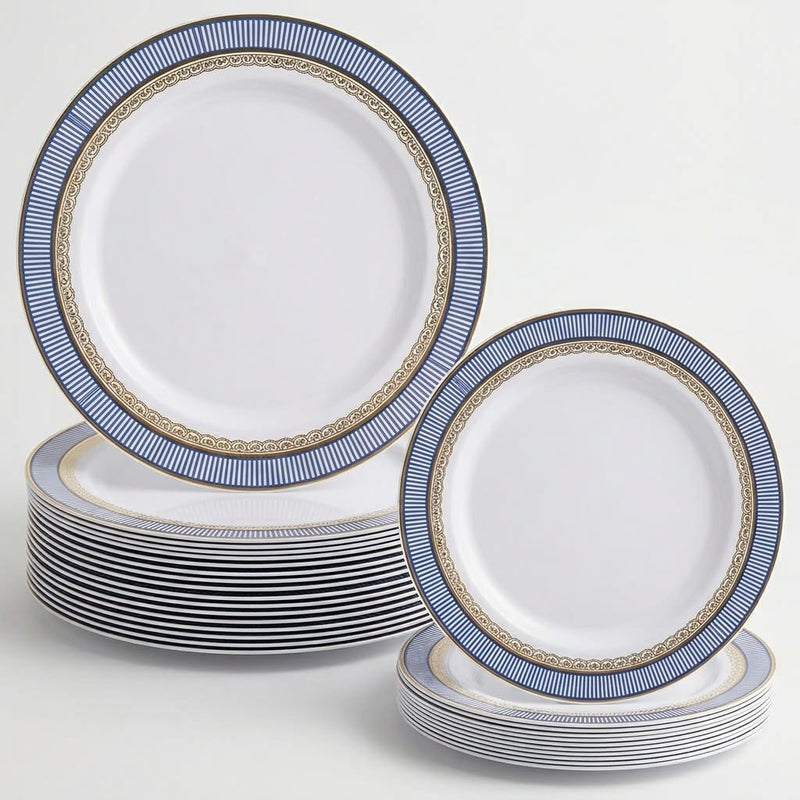 OCCASIONS FINEST PLASTIC TABLEWARE OCCASIONS 50pc Heavy Duty Disposable Plastic Plates Set for 25 Guests â€“ 25 Dinner (10.5") & 25 Dessert (7.5") Plates â€“ Elegant, Recyclable, BPA Free â€“ Louvre Blue & Gold - Image 1