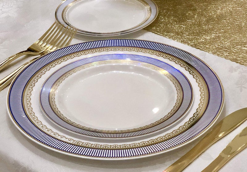OCCASIONS FINEST PLASTIC TABLEWARE OCCASIONS 50pc Heavy Duty Disposable Plastic Plates Set for 25 Guests â€“ 25 Dinner (10.5") & 25 Dessert (7.5") Plates â€“ Elegant, Recyclable, BPA Free â€“ Louvre Blue & Gold - Image 3