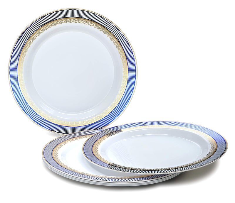 OCCASIONS FINEST PLASTIC TABLEWARE OCCASIONS 50pc Heavy Duty Disposable Plastic Plates Set for 25 Guests â€“ 25 Dinner (10.5") & 25 Dessert (7.5") Plates â€“ Elegant, Recyclable, BPA Free â€“ Louvre Blue & Gold - Image 2