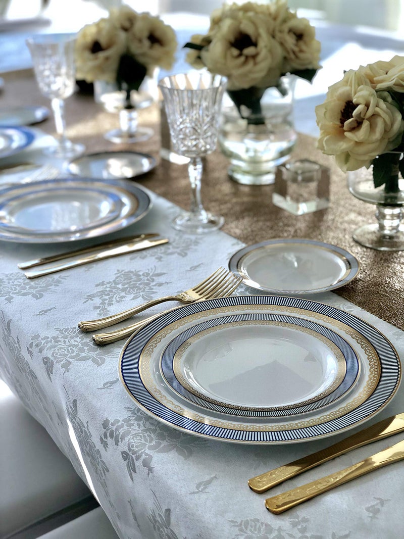 OCCASIONS FINEST PLASTIC TABLEWARE OCCASIONS 50pc Heavy Duty Disposable Plastic Plates Set for 25 Guests â€“ 25 Dinner (10.5") & 25 Dessert (7.5") Plates â€“ Elegant, Recyclable, BPA Free â€“ Louvre Blue & Gold - Image 4