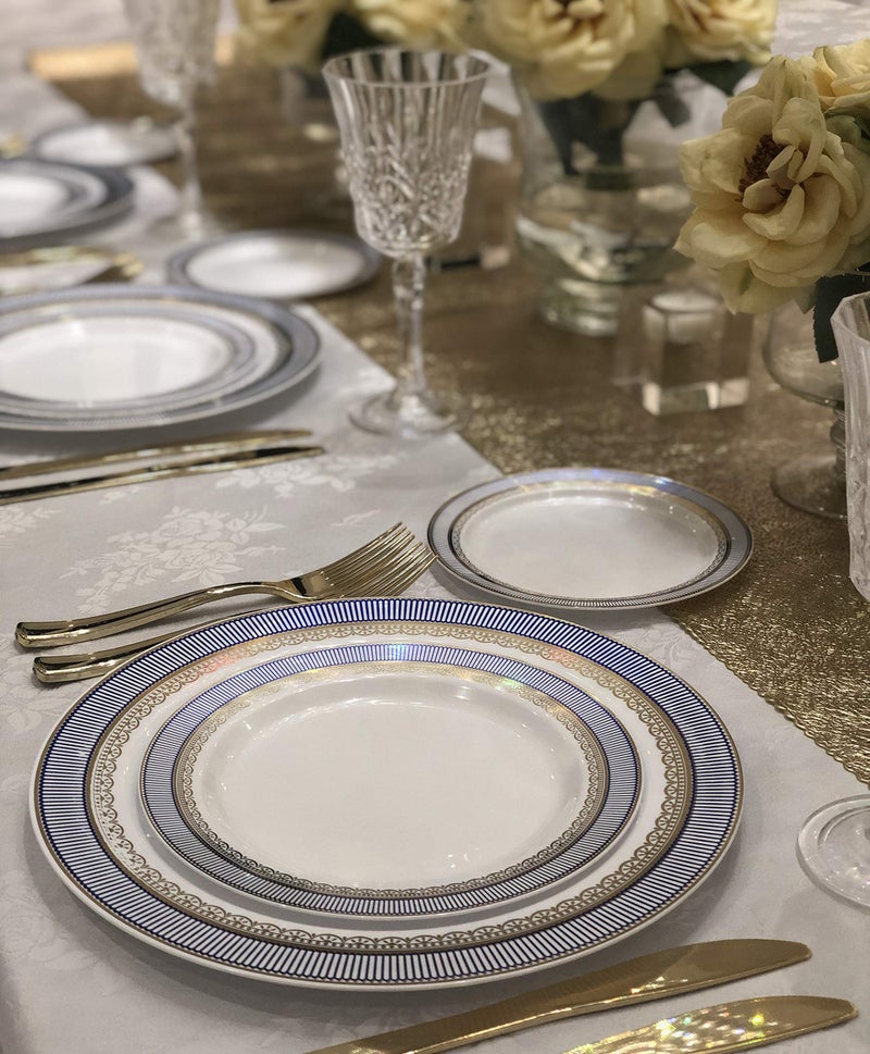 OCCASIONS FINEST PLASTIC TABLEWARE OCCASIONS 50pc Heavy Duty Disposable Plastic Plates Set for 25 Guests â€“ 25 Dinner (10.5") & 25 Dessert (7.5") Plates â€“ Elegant, Recyclable, BPA Free â€“ Louvre Blue & Gold - Image 5
