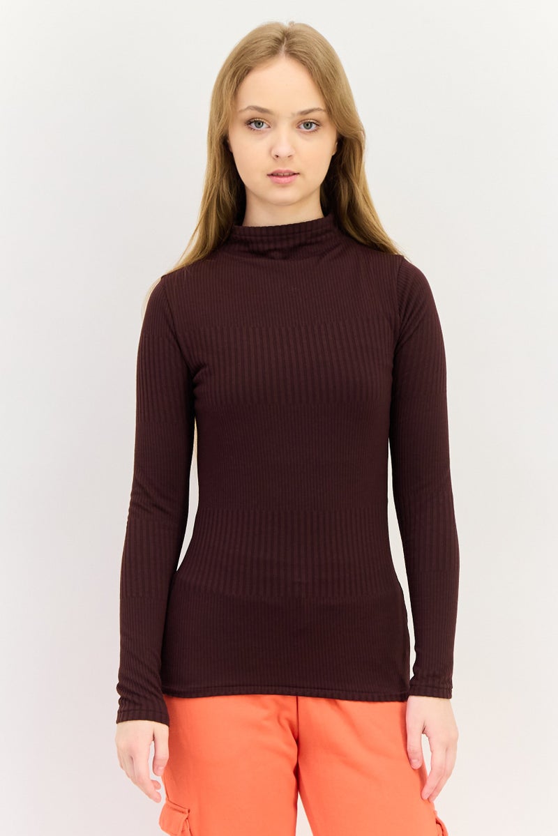 Nike بلوزة نسائية ضيقة الأكمام طويلة الأكمام، بني داكن - Image 1