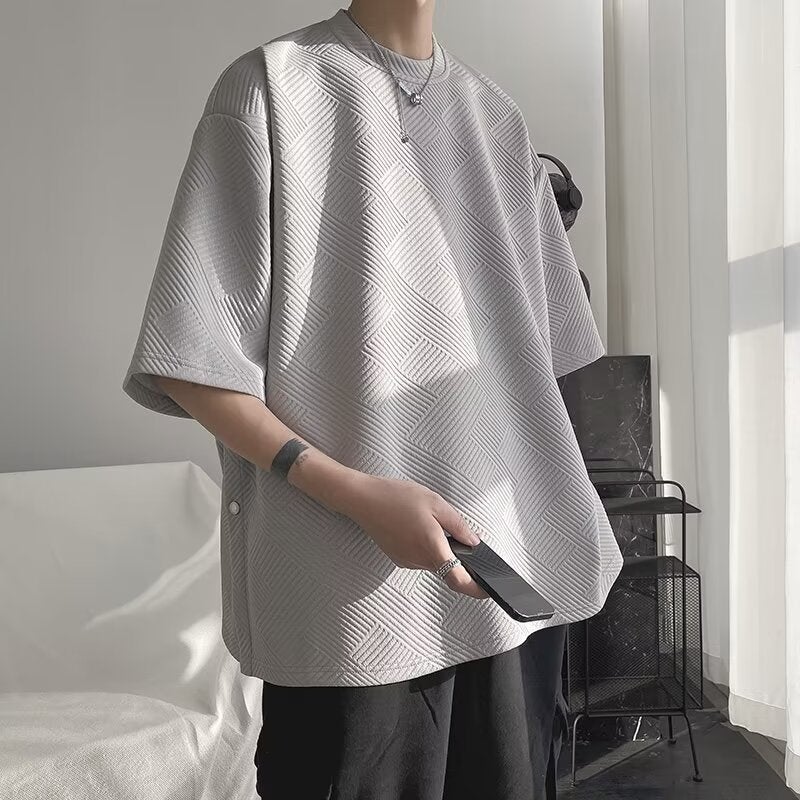 Waffle T-Shirt Men'S Design Sense Niche Split-Breasted Top Summer Boys Short-Sleeved Loose Half-Sleeved Shirt Five Points - Image 1