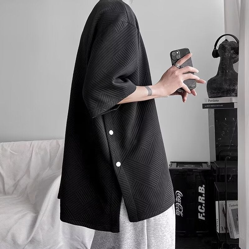 Waffle T-Shirt Men'S Design Sense Niche Split-Breasted Top Summer Boys Short-Sleeved Loose Half-Sleeved Shirt Five Points - Image 3