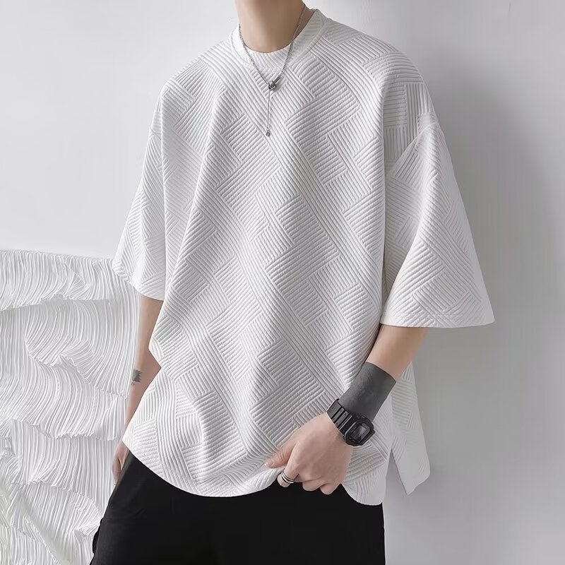 Waffle T-Shirt Men'S Design Sense Niche Split-Breasted Top Summer Boys Short-Sleeved Loose Half-Sleeved Shirt Five Points - Image 4
