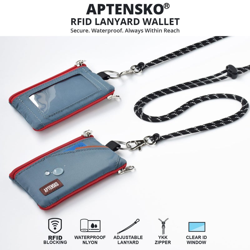 APTENSKO RFID Blocking Travel Wallet with Adjustable Lanyard, Small Nylon Zipper Pouch and Badge Holder for ID, Credit Cards, Cash, Keys, Commuters (Slate Blue) - Image 2