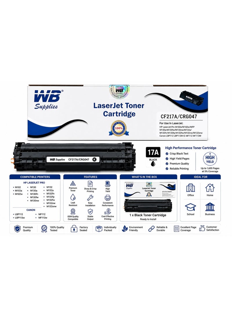 WB Compatible 17A CF217A Black Toner Cartridge Replacement for  17A CF217A | Compatible with LaserJet Pro M102a, M102w, M130a, M130fn, M130fw, M130nw, M132, M132a, M132fn, M132fp, M132fw, M132nw, M132sfnw, M132snw Printers - Image 1