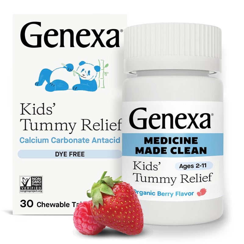Genexa Kids' Clean Tummy Relief | Heartburn, Acid Indigestion & Sour Stomach Relief | Children's Calcium Carbonate | Dye Free, 0% Artificial Additives | Ages 2-11, Berry Flavor Chewable Tablets, 30ct - Image 1