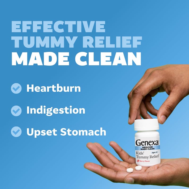 Genexa Kids' Clean Tummy Relief | Heartburn, Acid Indigestion & Sour Stomach Relief | Children's Calcium Carbonate | Dye Free, 0% Artificial Additives | Ages 2-11, Berry Flavor Chewable Tablets, 30ct - Image 4