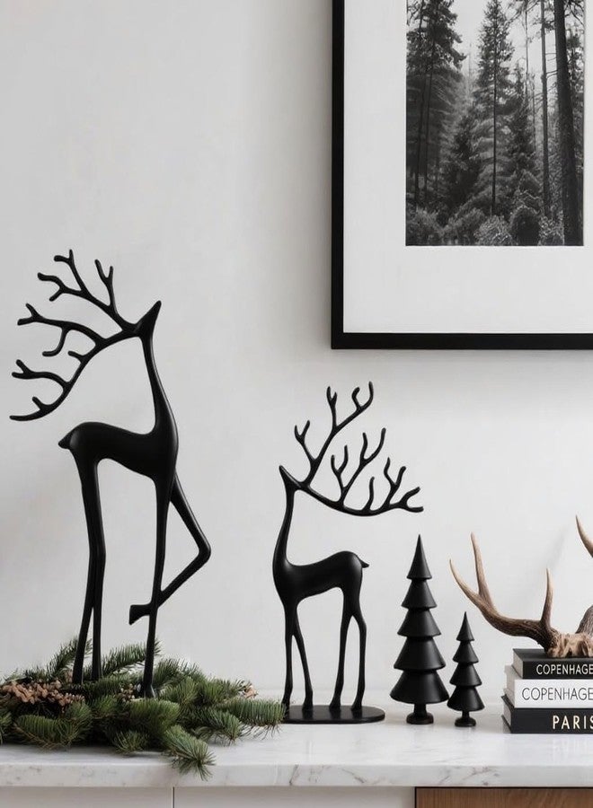 Remenna Modern Reindeer Statues Set of 2 Cast Aluminum Black Deer Sculpture Accent Figurine, Decorative, Christmas Tabletop Ornaments for Mantel Fireplace Living Room Bedroom Home Decor - Image 2