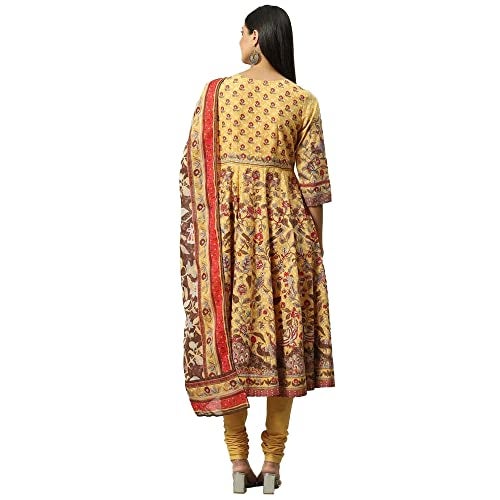 Biba Women Cotton Printed Fitted Salwar Kurta Dupatta(Skdkalamkar8356_Yellow_32) - Image 2