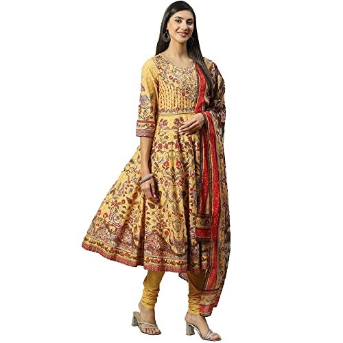 Biba Women Cotton Printed Fitted Salwar Kurta Dupatta(Skdkalamkar8356_Yellow_32) - Image 3
