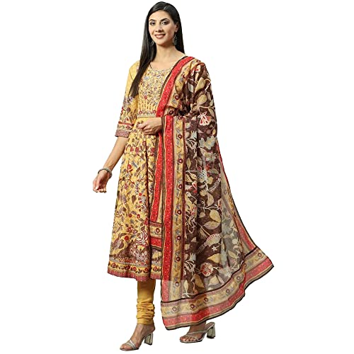 Biba Women Cotton Printed Fitted Salwar Kurta Dupatta(Skdkalamkar8356_Yellow_32) - Image 1