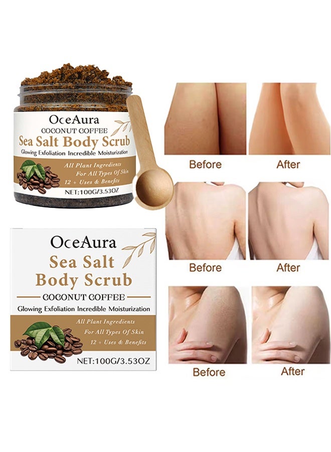 OceAura Sea Salt Body Scrub, Coconut Coffee Body Scrub with a Cute Wooden Spoon, Gentle Exfoliating Dead Skin Hydrating Cleansing Scrub with Skin Loving Moisturizers - Image 1