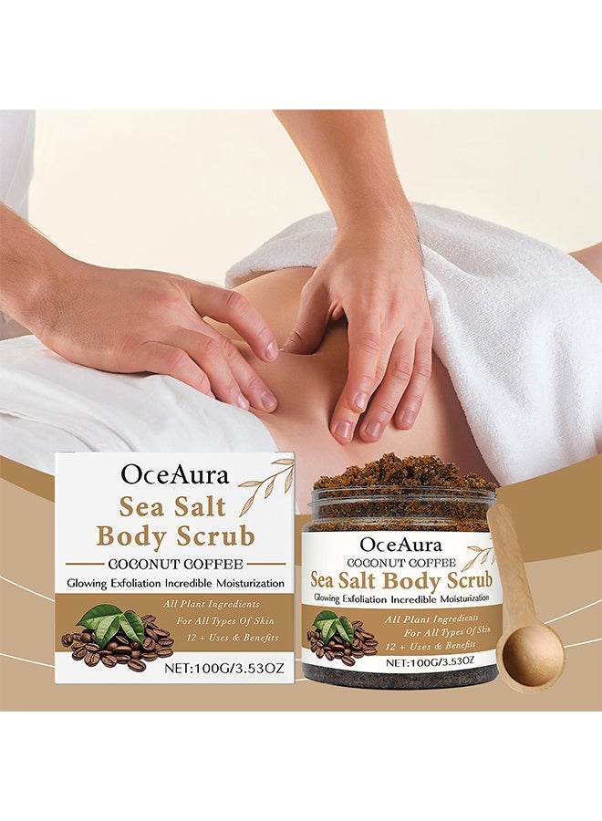 OceAura Sea Salt Body Scrub, Coconut Coffee Body Scrub with a Cute Wooden Spoon, Gentle Exfoliating Dead Skin Hydrating Cleansing Scrub with Skin Loving Moisturizers - Image 2