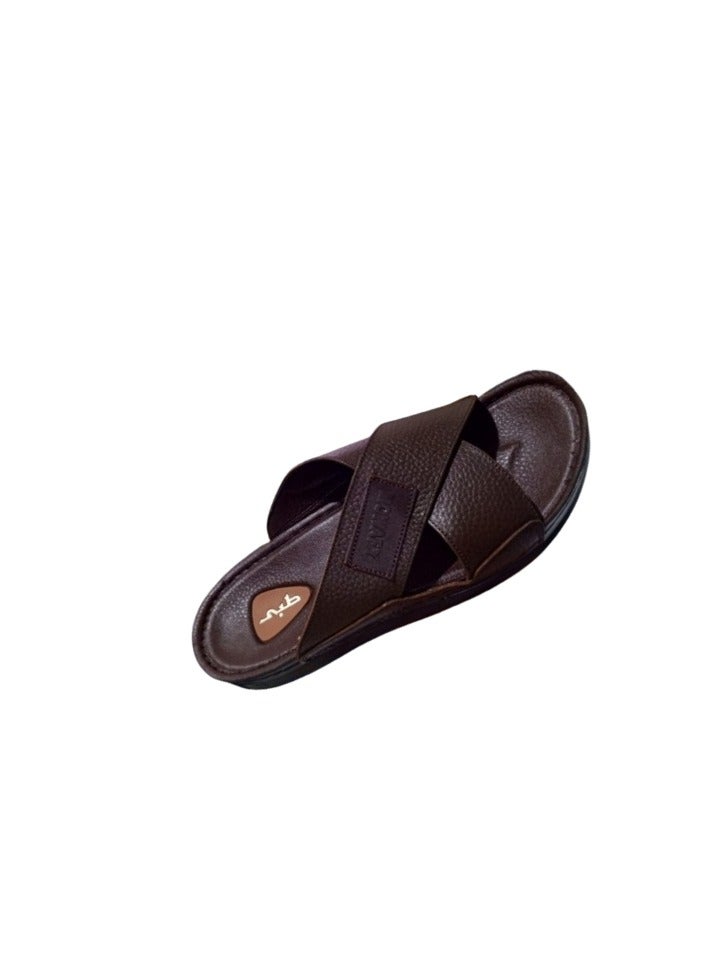 Hand Made Men's Handmade Leather Slippers - Natural Leather, Orthopedic Sole, Comfortable for Long Wear, Suitable for Heel Pain and Diabetics - Brown - Image 3