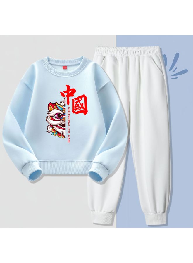 Primary And Secondary School Students' Activity Clothing Set, Two-piece Set, White Pants, Spring And Autumn Style, Children's Round-neck Sweatshirt, Chinese Class Uniform