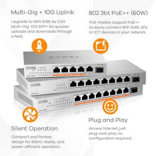 Zyxel 8-Port PoE 2.5G Multi-Gigabit Unmanaged Network Switch @ 100W with 8 x PoE++(60W) | 1 x 10G SFP+ | Auto-MDI/MDIX | Fanless | Desktop or Wall Mount| Plug and Play (XMG-108HP) - Image 3