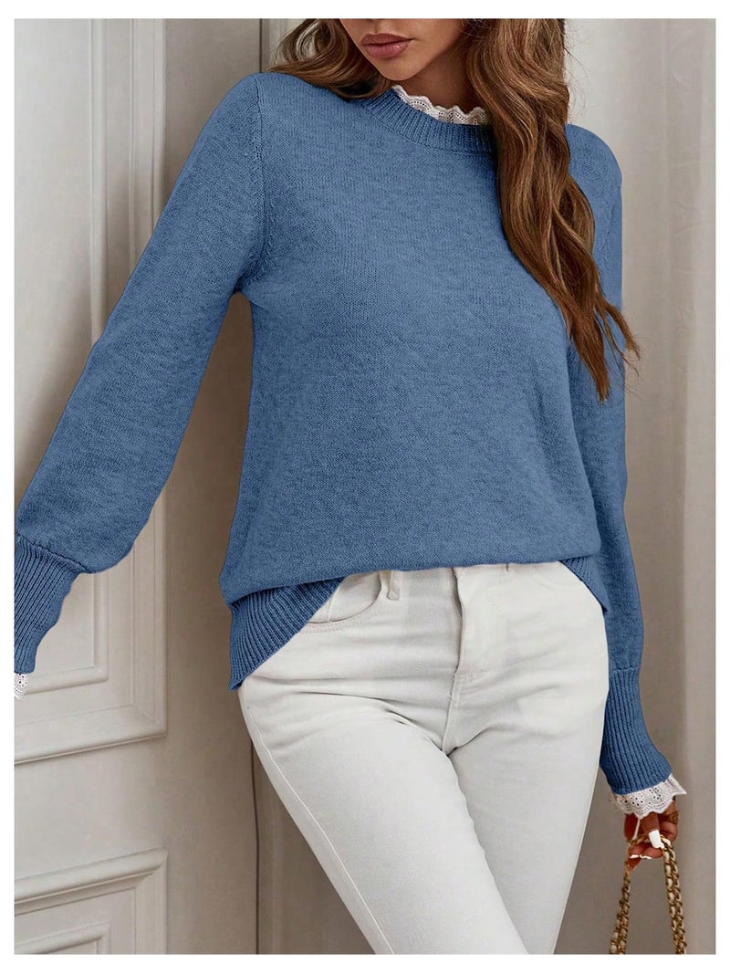 MakeMeChic Women's Fall Sweaters Lace Peplum Mock Neck Cozy Sweater Pullover Blue X-Large - Image 4