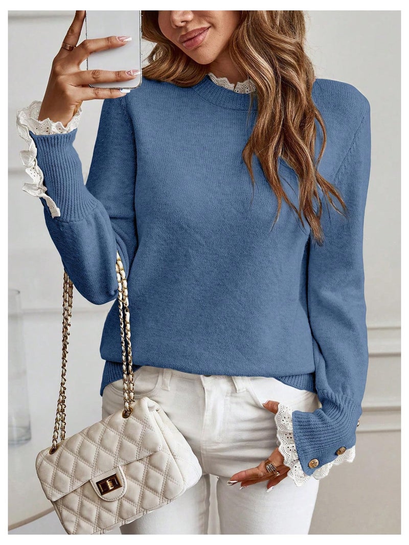 MakeMeChic Women's Fall Sweaters Lace Peplum Mock Neck Cozy Sweater Pullover Blue X-Large - Image 3