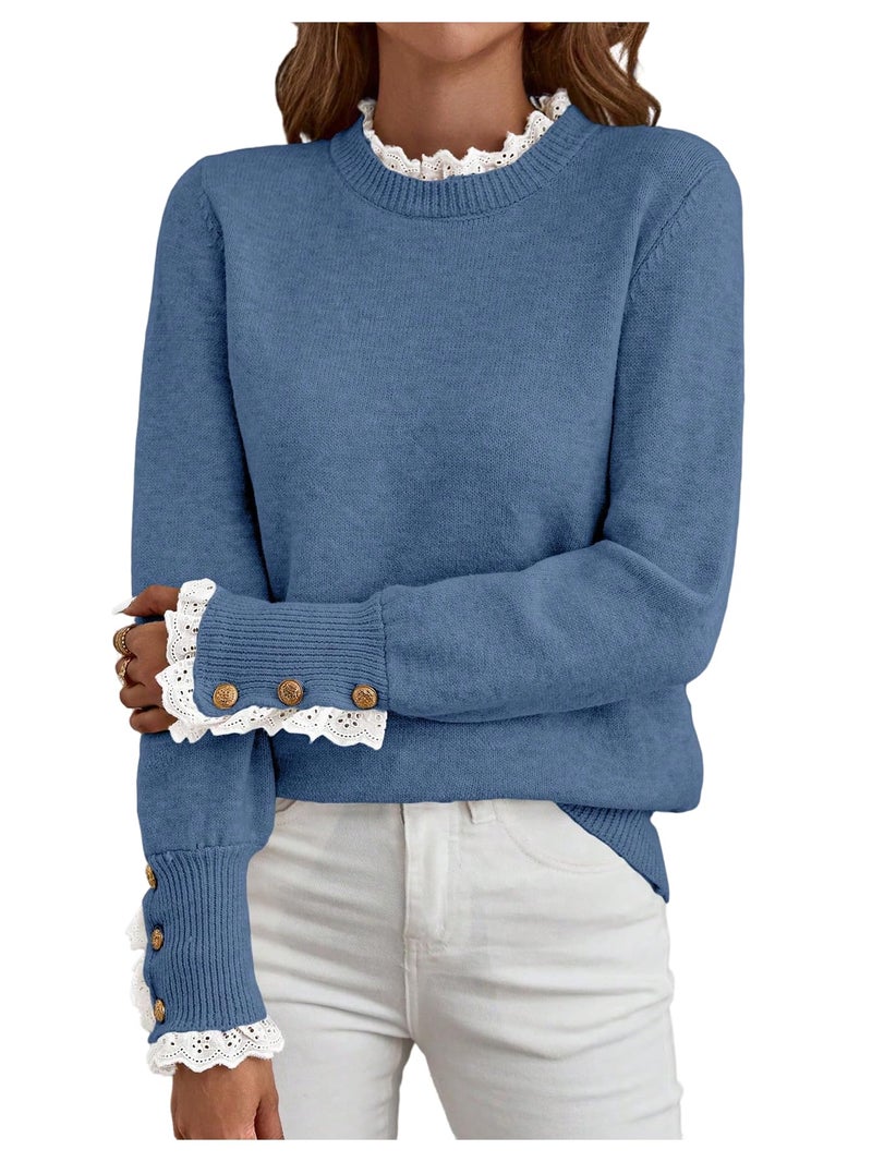 MakeMeChic Women's Fall Sweaters Lace Peplum Mock Neck Cozy Sweater Pullover Blue X-Large - Image 1