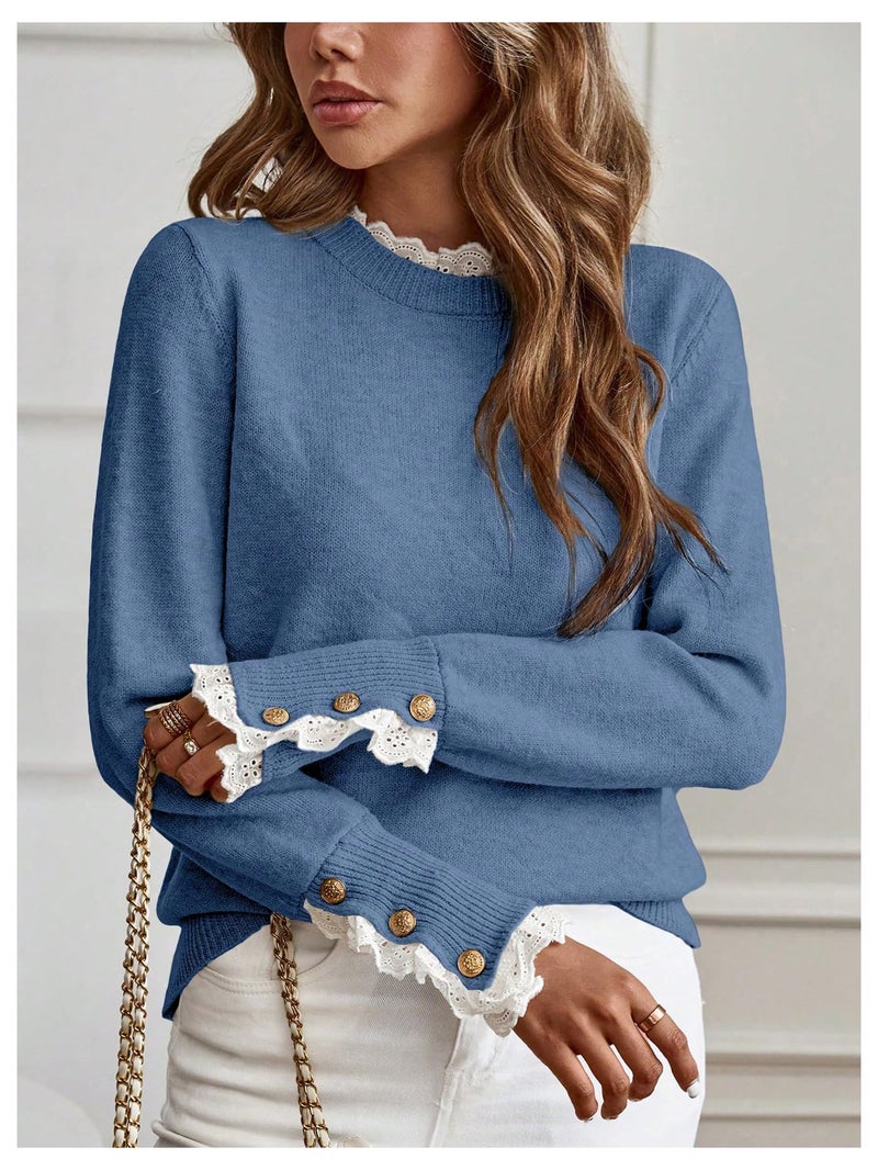 MakeMeChic Women's Fall Sweaters Lace Peplum Mock Neck Cozy Sweater Pullover Blue X-Large - Image 5