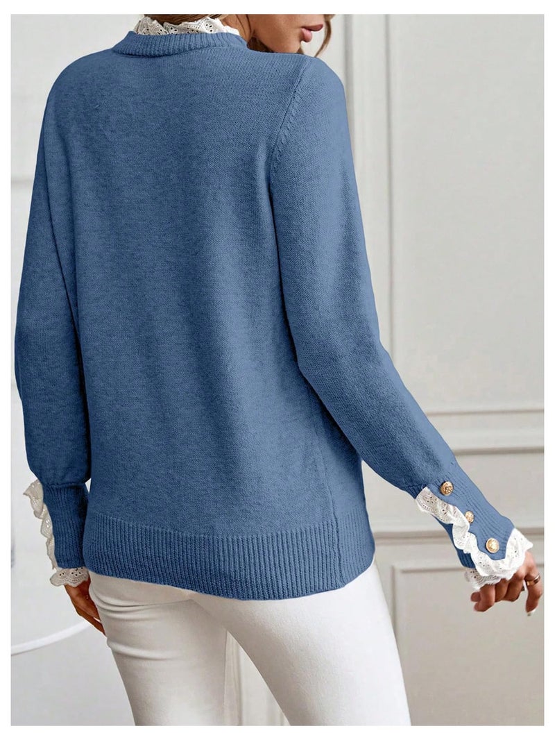 MakeMeChic Women's Fall Sweaters Lace Peplum Mock Neck Cozy Sweater Pullover Blue X-Large - Image 2