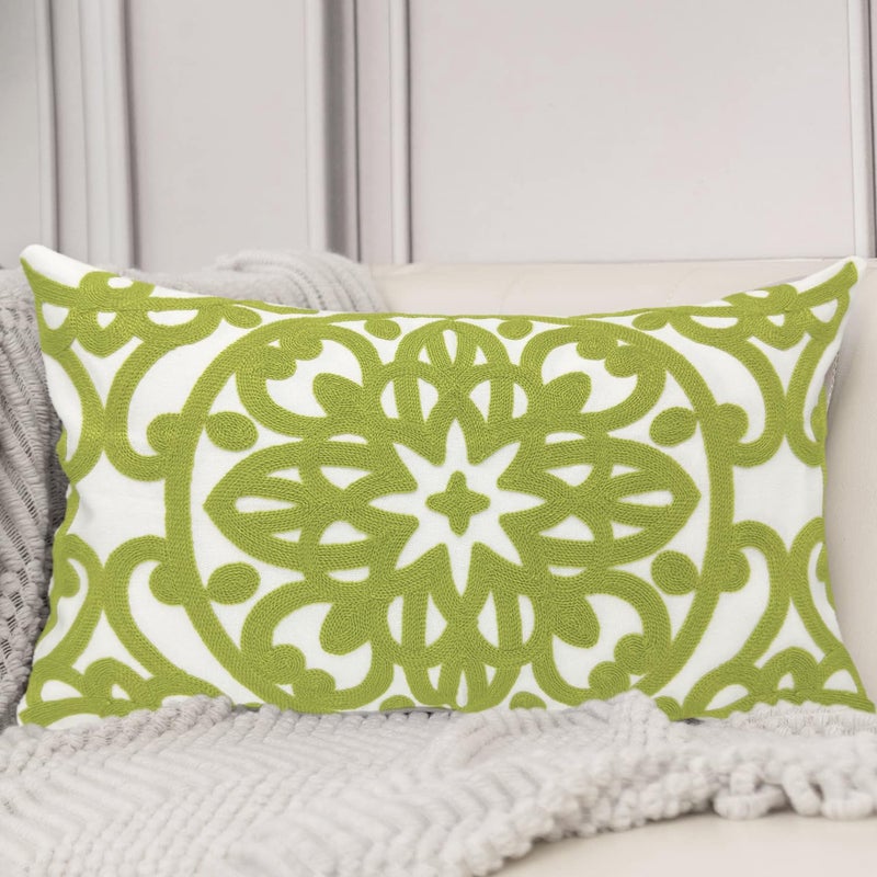 Alysheer Embroidered Lumbar Decorative Throw Pillow Cover 12 x 20 inches, Classic Mandala Chic Pattern Avocado Green Farmhouse Cushion Case for Sofa Couch Bed Living Room(Chartreuse Green) - Image 1