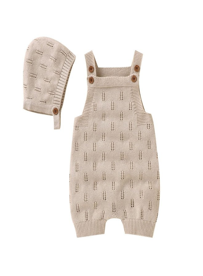 LAWKUL Baby Knit Romper Sleeveless 100% Cotton Jumpsuit with Hat Newborn Outfits Overall Bodysuit One Piece 2pcs Beige 18-24M - Image 1