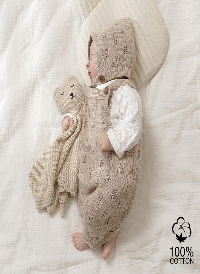LAWKUL Baby Knit Romper Sleeveless 100% Cotton Jumpsuit with Hat Newborn Outfits Overall Bodysuit One Piece 2pcs Beige 18-24M - Image 3