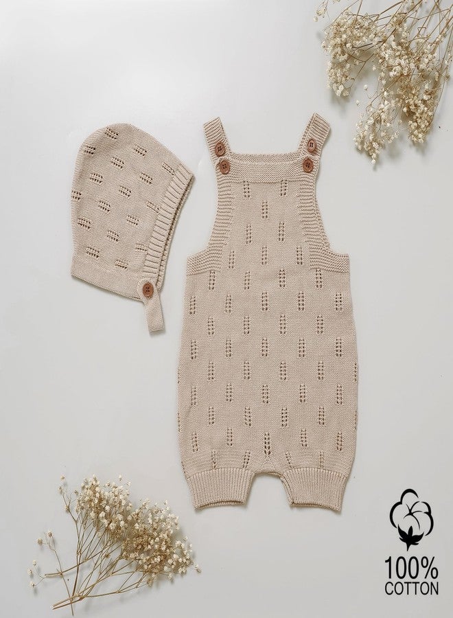 LAWKUL Baby Knit Romper Sleeveless 100% Cotton Jumpsuit with Hat Newborn Outfits Overall Bodysuit One Piece 2pcs Beige 18-24M - Image 4