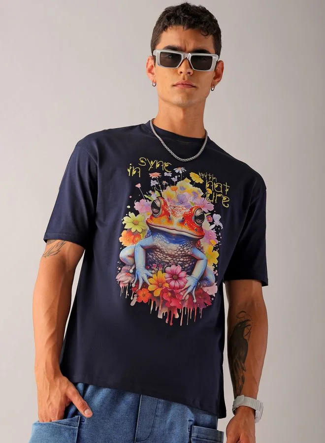 شركة المرآب الهندية Men Boxy Oversized Placement Print Round Neck Tshirt